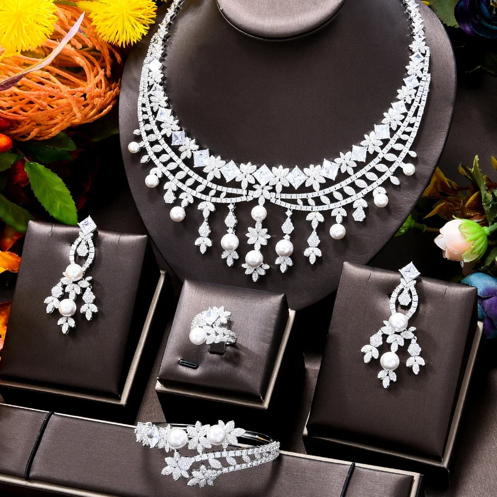 Luxury 4PCS Big Bold Flowers African Nigerian Jewelry Set For Women Wedding Party Zirconia Indian Dubai Bridal Accessory