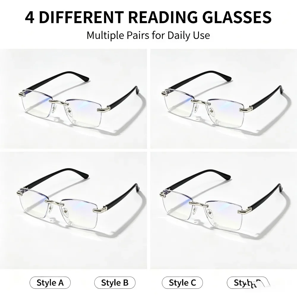 4PCS Rimless Anti Blue Light Reading Glasses for Men, Lightweight Comfort Clear Lens Presbyopic Glasses, Soft Fit No Pressure Long Time Wear Computer Eyeglasses