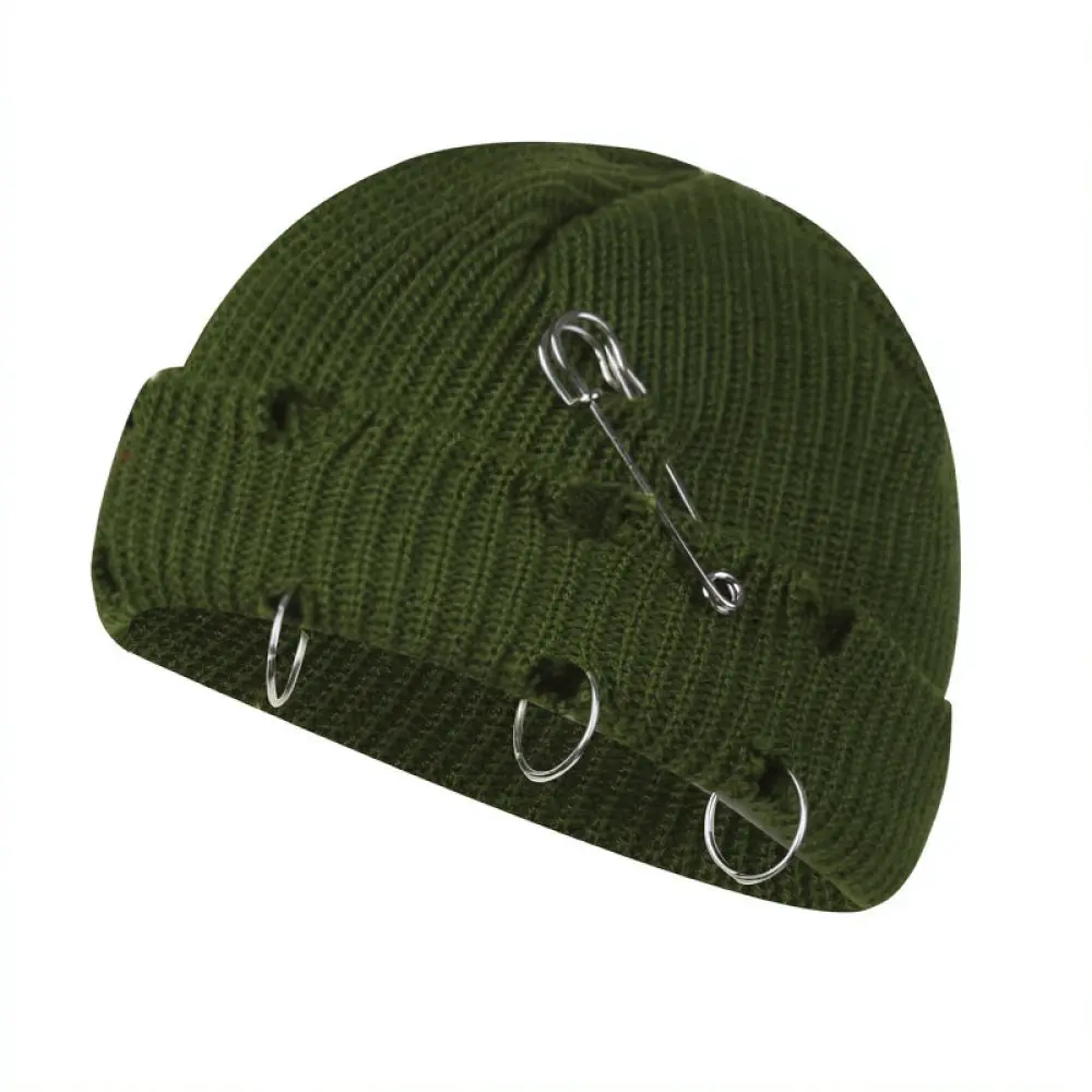 Fashionable Winter Knitted Beanie Cap Unisex Distressed Pin Style Folded Cuff Warm Soft Acrylic Streetwear Daily Hat