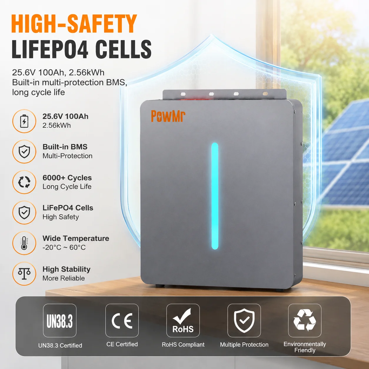 PowMr 24V 100Ah LiFePO4 Battery 2.56kWh Wall Mount Lithium Iron Phosphate Battery BMS Real Time Monitoring Up to 8 Units Parallel For Off Grid Solar RV Home Emergency Backup Power