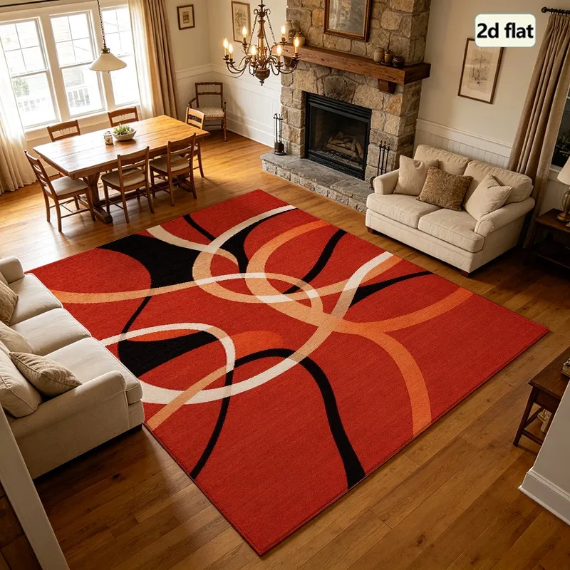 1 Piece Polypropylene Red Abstract Geometric Curved Line Area Rug, Soft and Comfortable, All Seasons, Easy to Maintain, Home Decor, Living Room, Bedroom, Dining Room, Autumn and Winter