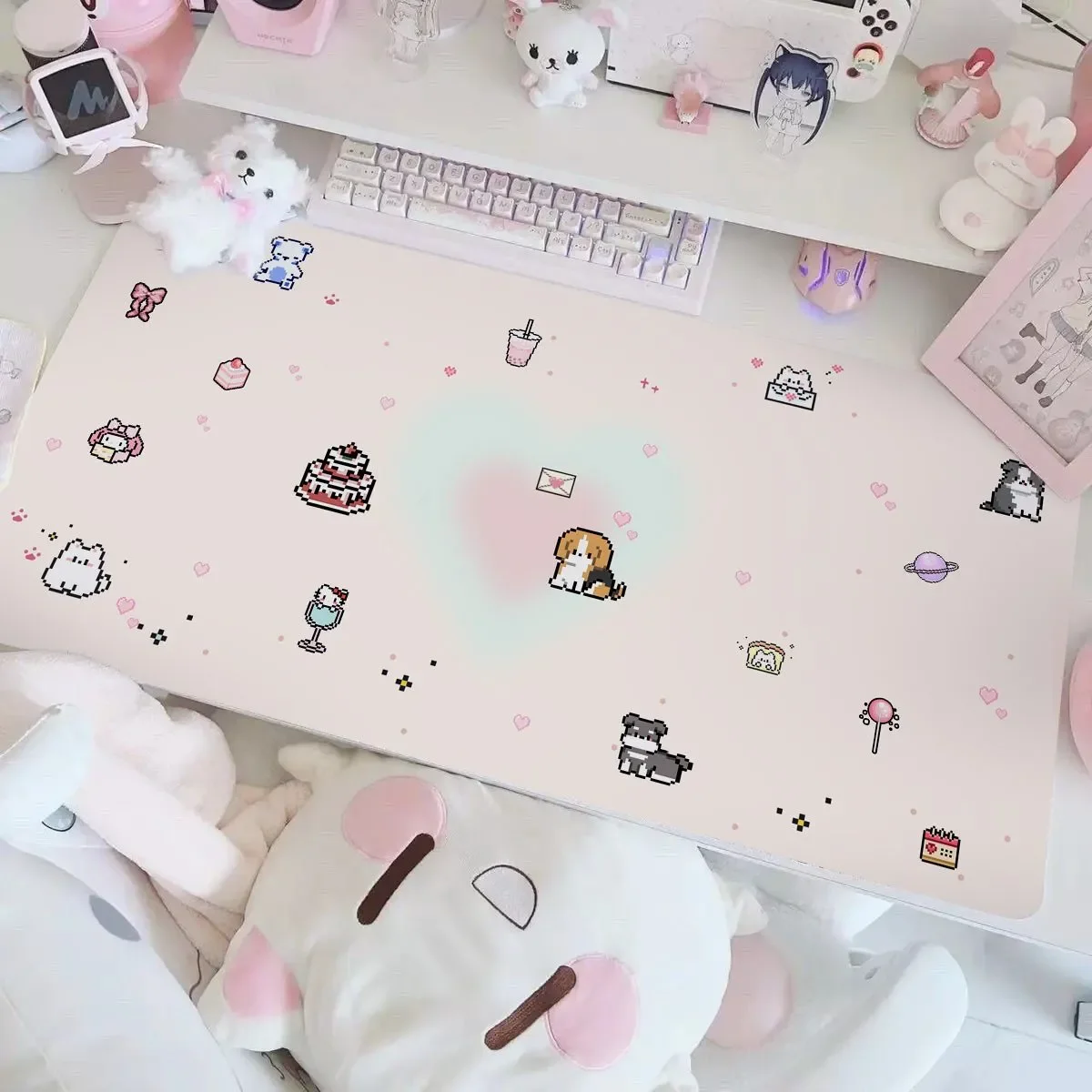 Kawaii Cartoon Pixel Kitten Mousepad Large XXL PU Leather Table Desktop Mat Office Gamer Computer Speed Type Carpet Keyboard Pad
