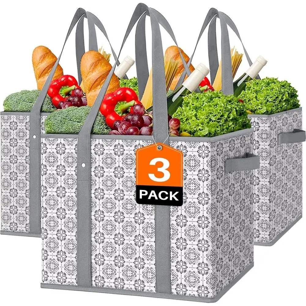 Reusable 3-Pack Large Water-Resistant Grocery Bags for Shopping, Clothes, Shoes & Picnics