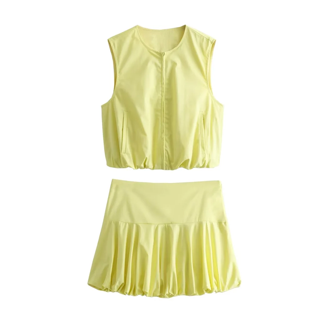 PB&ZA 2024 Spring New Women\'s Style Casual Versatile Sleeveless Round Neck Vest Pleated High Waist Short Skirt Set