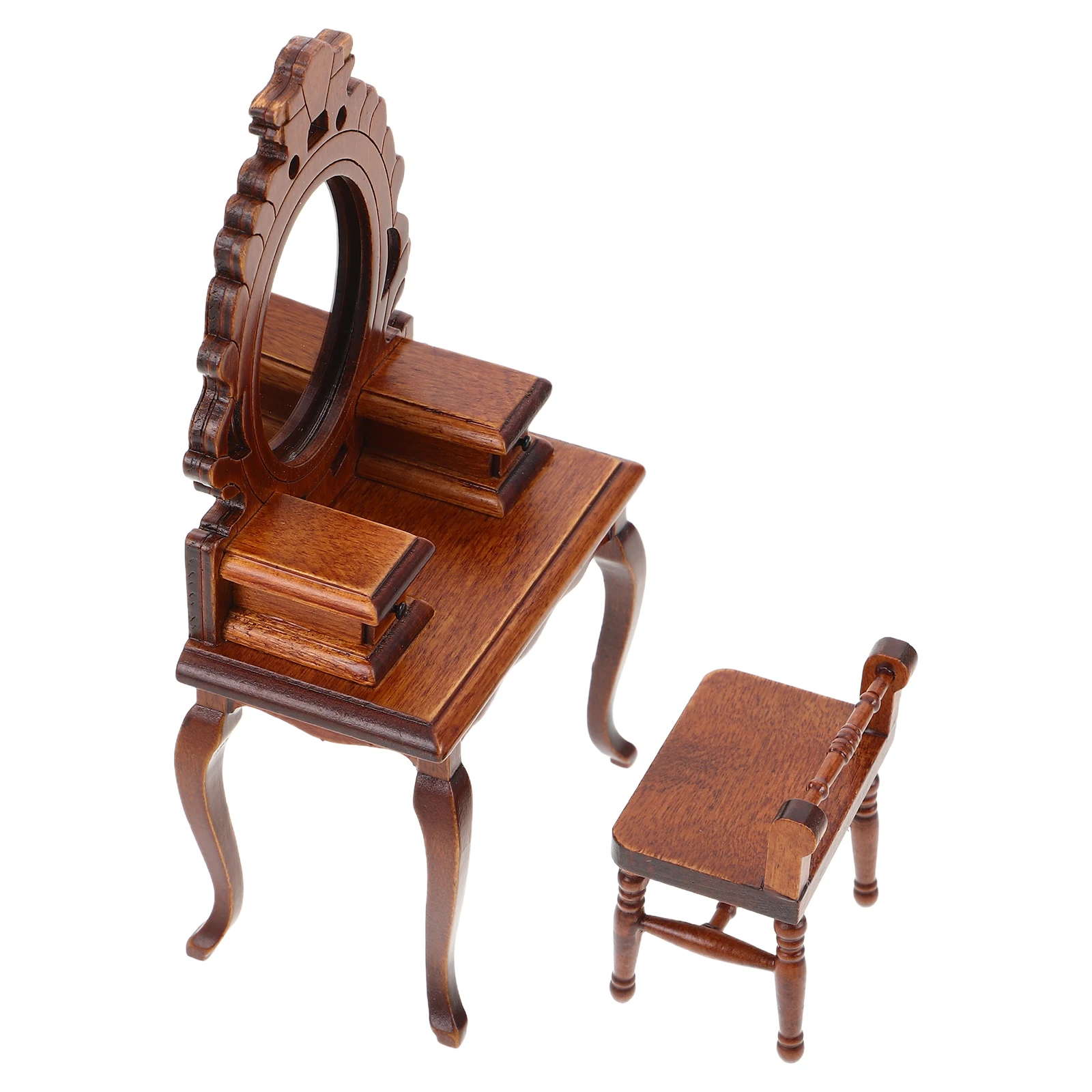 Mobili in miniatura vintage Tavolo da toeletta in legno in scala 1:12 Set di sgabelli Mini armadietto per camera da letto per casa delle bambole per ragazze che giocano