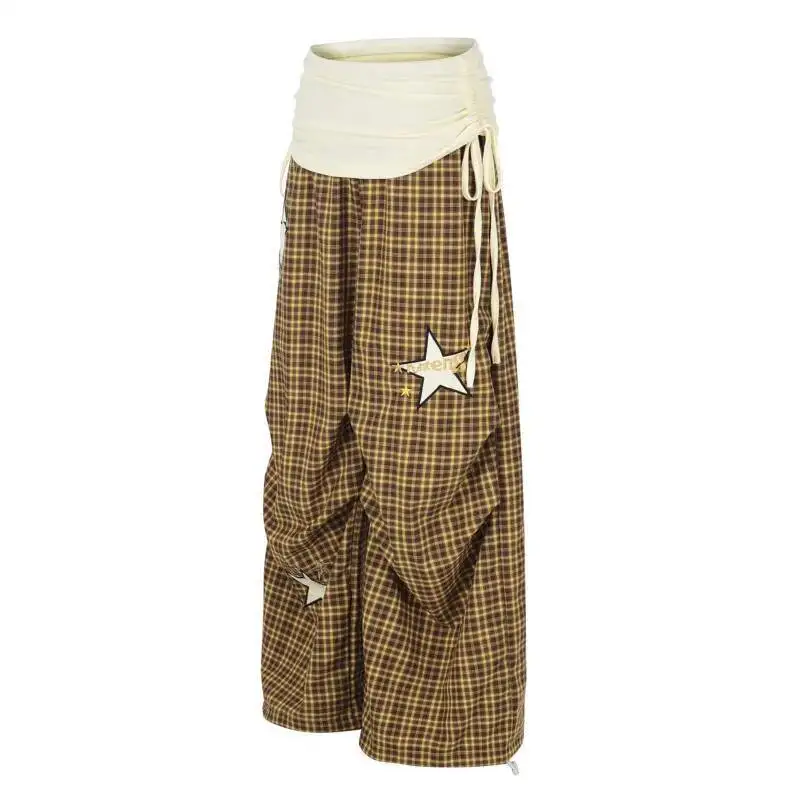 ANJY Spring Summer New Women Drawstring Patchwork Embroidered Stylish Plaid Pleated Casual Pants Trend Ins Sports Bottoms A24109