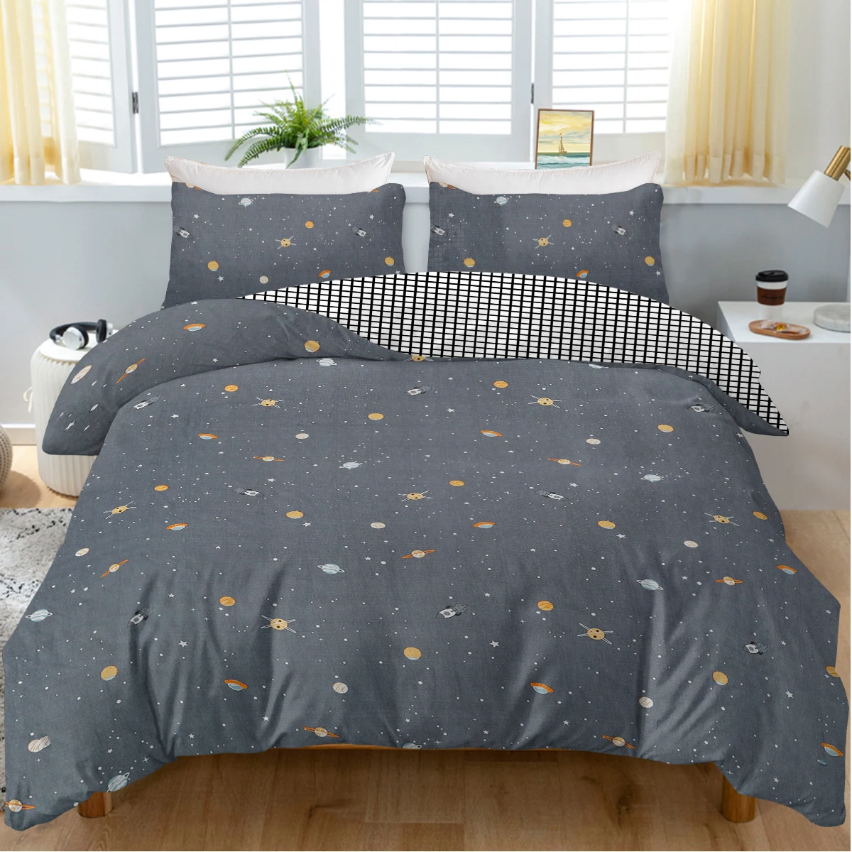 3PCS Space Planet Print Bedding Set Soft Microfiber Duvet Cover Grey Universe Star Bed Linens Reversible Grid Design For Bedroom