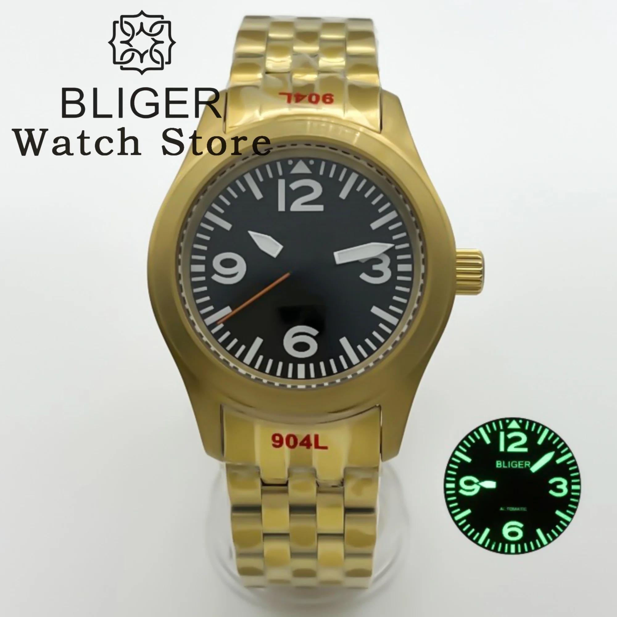 BLIGER 36mm 39mm reloj de buceo mecánico piloto dorado para hombres NH35 movt crema esfera blanca verde Super Lume zafiro correa inoxidable