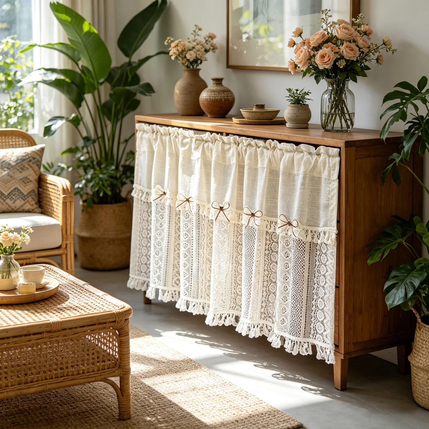 1PC Bohemian Style Small Window Short Curtain, Tassel Bow-Tie Splicing Design Half Curtain for Kitchen Door,Cabinet,Window