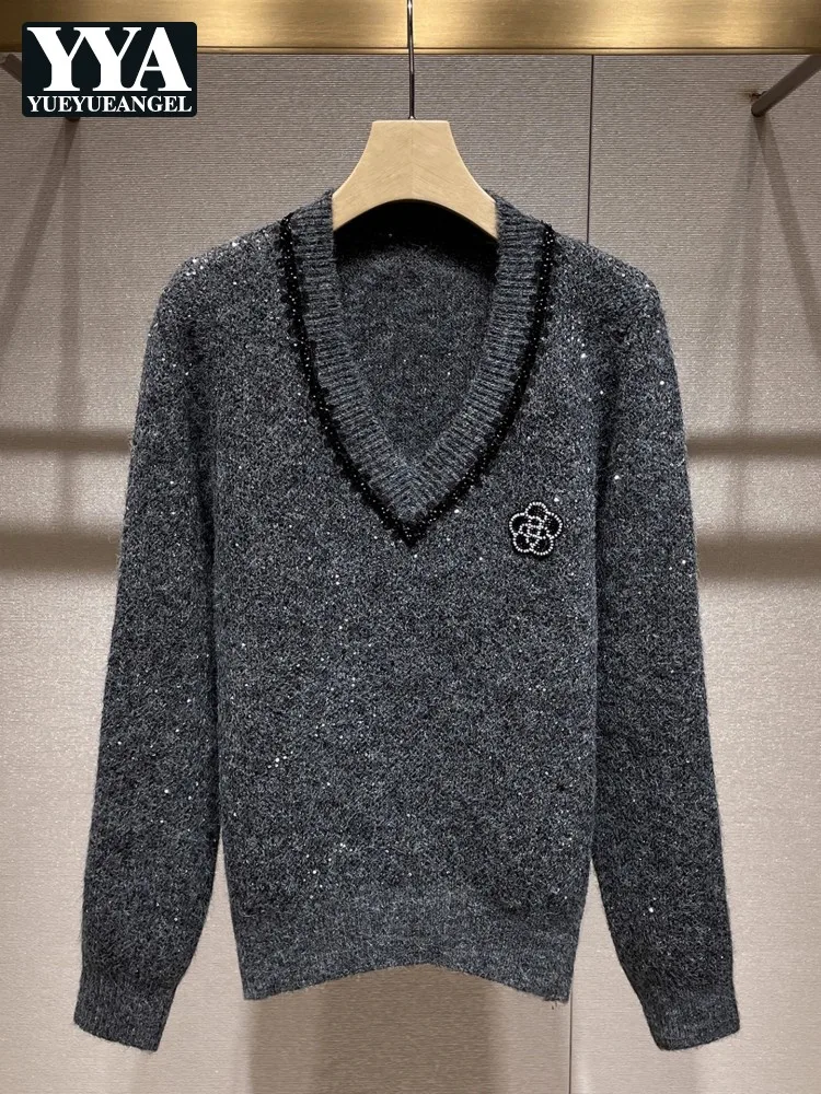 

Осень-зима, дизайн с блестками, женский свитер с v-образным вырезом, свободный крой, пуловер, джемперы, вязаное пальто с длинными рукавами, повседневный трикотаж, Лидер продаж