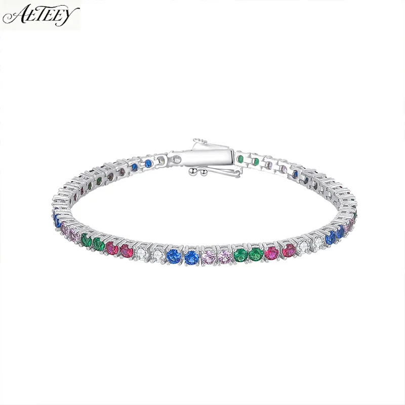 AETEEY S925 Silver Rainbow Round Zircon Tennis Bracelet Full Stone Sparkly Women Wrist Chain