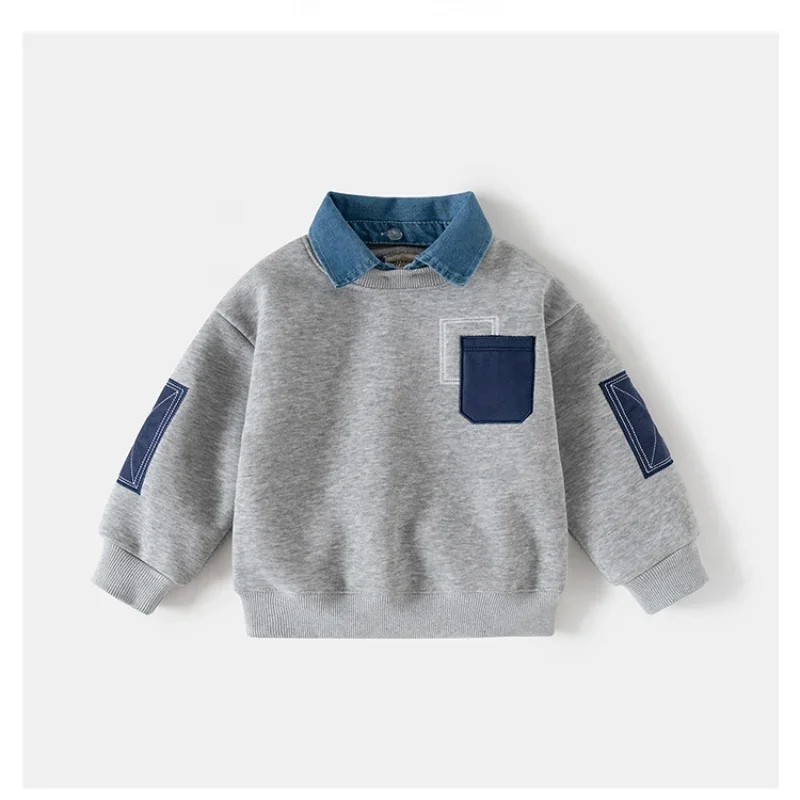 

Boys Fake Two Piece Sweatshirts Autumn 2025 Fleece Tops for Kids Children Denim Collar Fashion Toddler Outfits Baby Clothing