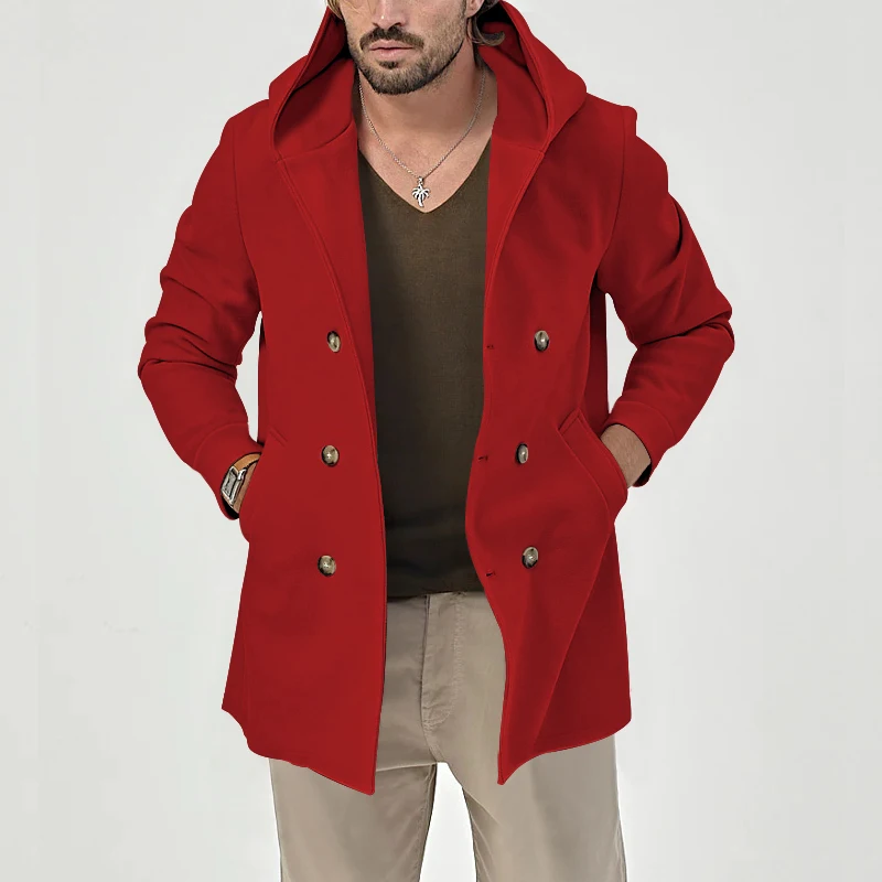 Spring Autumn Men\'s Soil Windbreaker Mid length Polo Collar Hooded Composite Space Cotton Double breasted Casual Windbreaker