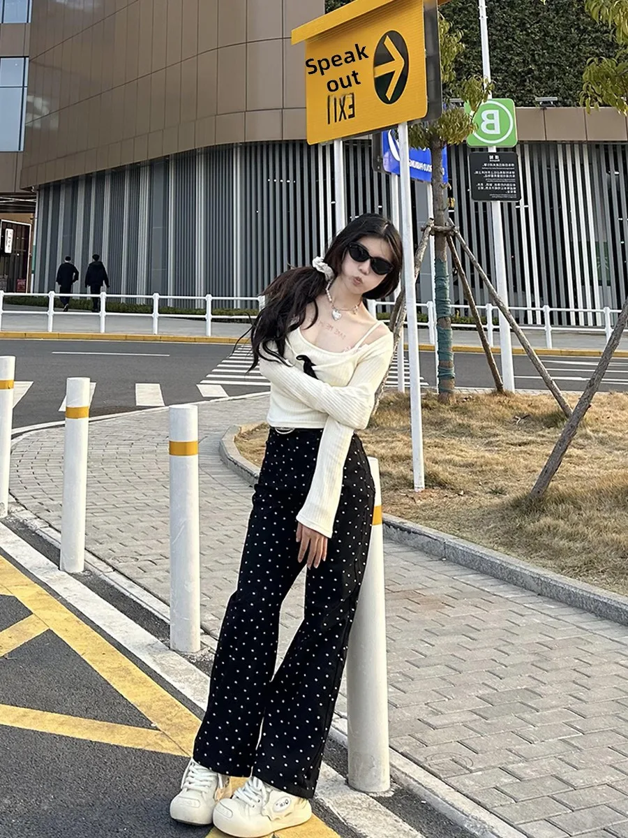 

Bla Polka Dot Floral Straight Leg Wide Leg Pants Women's High Waist Jeans Spring Season Regular Thin Denim Fabric