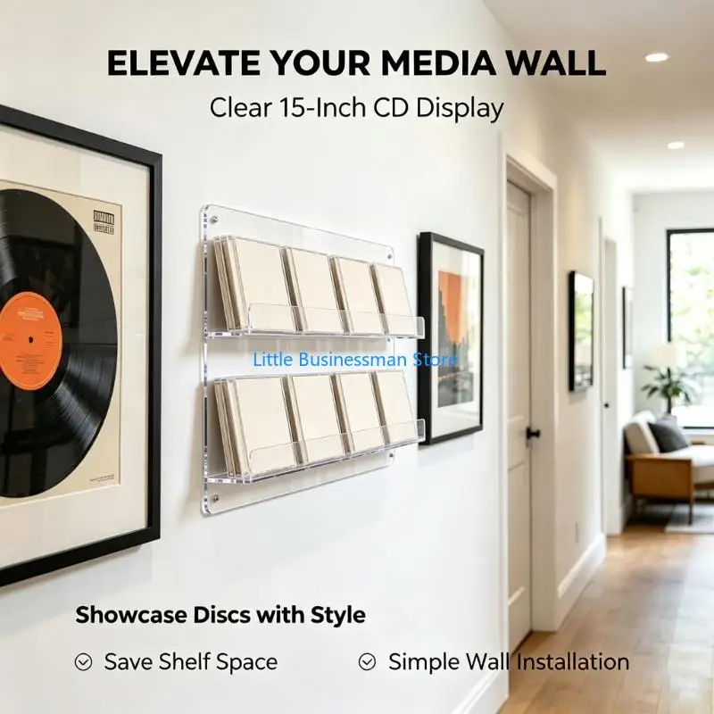 Wandmontierte Halterungen für Musikmedien und kleine Schallplatten, 6 durchsichtige Acrylregale mit offener Platzierung für – Detail 3