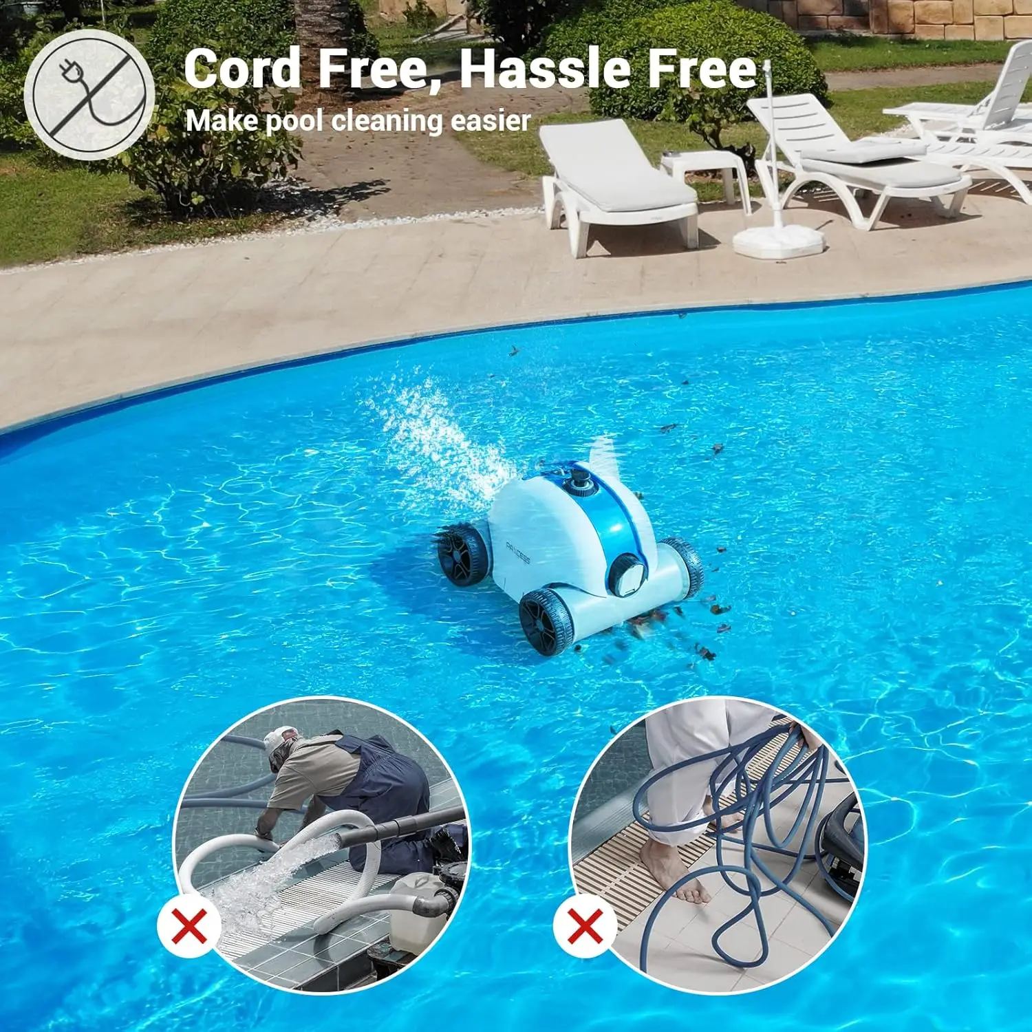 Robotic Pool Cleaner, Automatic Pool Vacuum with 60-90 Mins Working Time, Rechargeable Battery, IPX8 Waterproof for Above/In