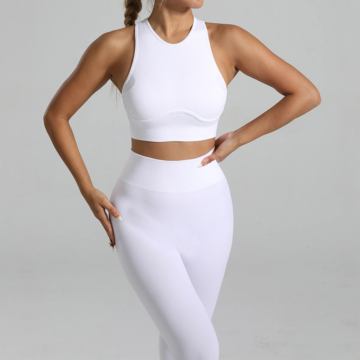 

Бесшовный ребристый комплект для йоги с высокой талией для женщин, спортивный костюм с перекрестной спинкой для коррекции живота, быстросохнущий фитнес-комплект для спортзала