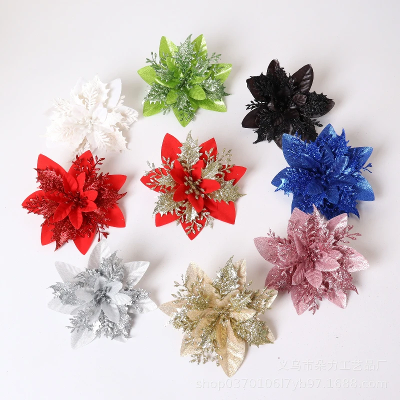 

Blue Glitter Christmas Flower 2026 Xmas Tree Artifical Flower Ornaments Merry Christmas DIY Decoration Home Happy New Year Party