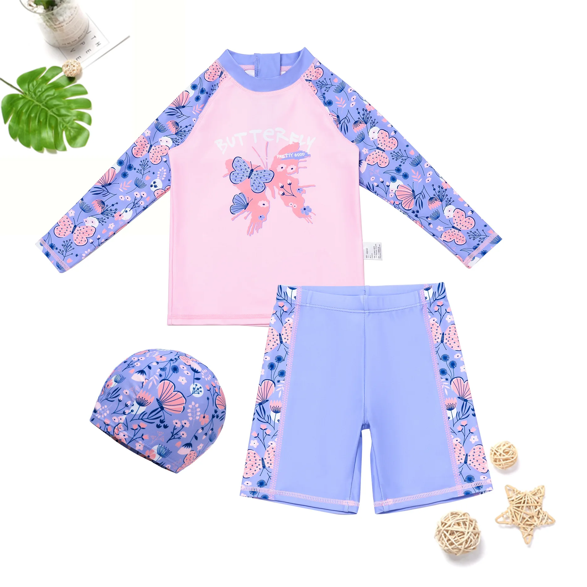 Butterfly Pattern Children's Summer Swimwear Flat Angle Girl Diving Beach Long Sleeve Three Piece Set Swimsuit Kids' Swimwear