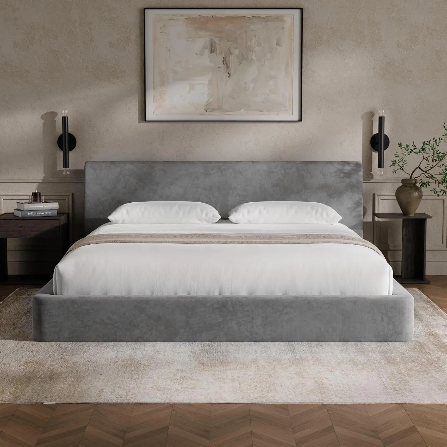 Upholstered King Bed Frame Ergonomic Angled Headboard Platform, Customized