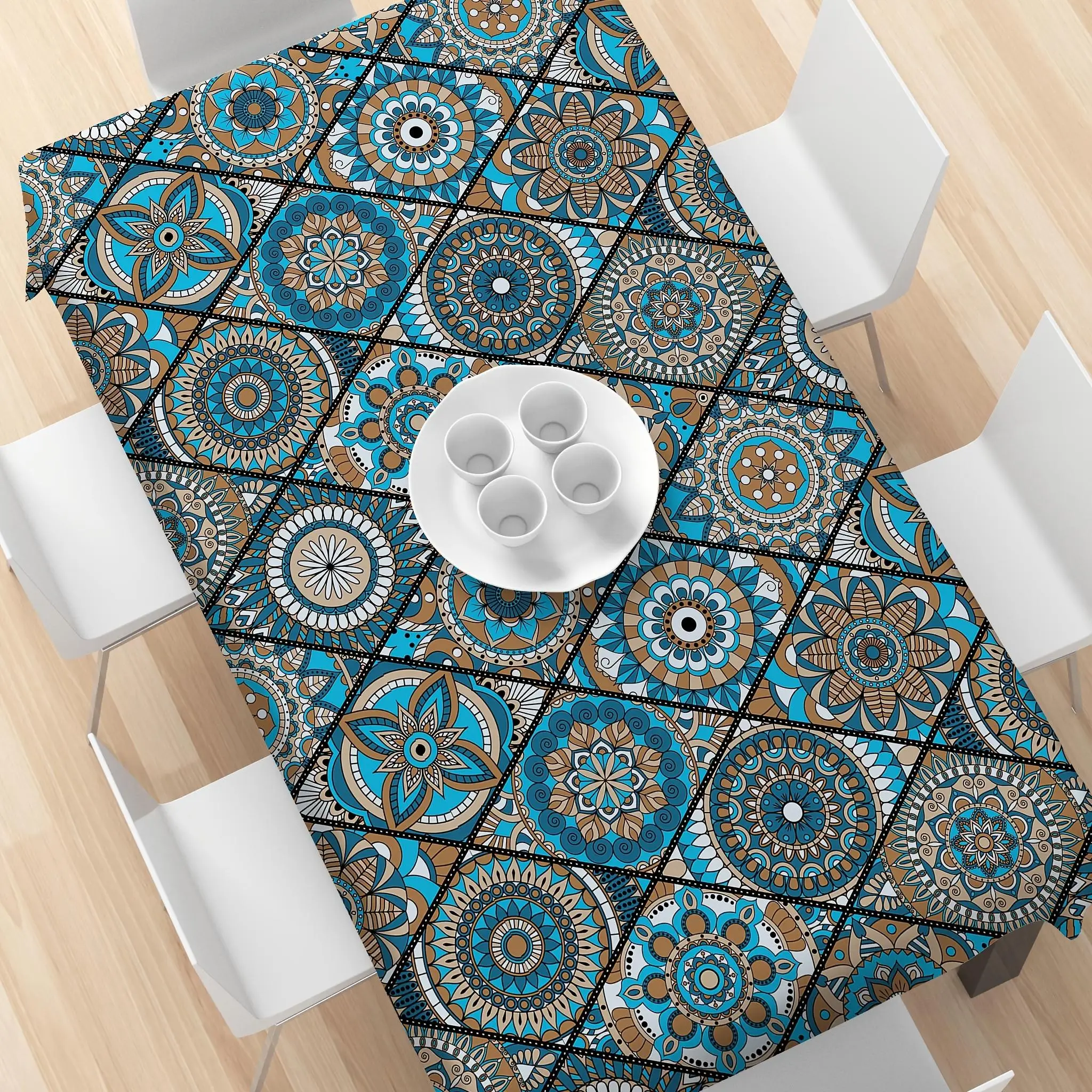 1pc Vibrant Blue Bohemian Mandala Tablecloth, Exquisite Floral and Geometric Patterns, Machine-Made, Suitable for Restaurant, Ki
