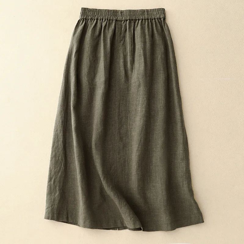 Women Summer Vintage Mori Girl Solid Color Cotton Linen Skirts High Elastic Waist Button Front Casual Loose A-Line Midi Skirt