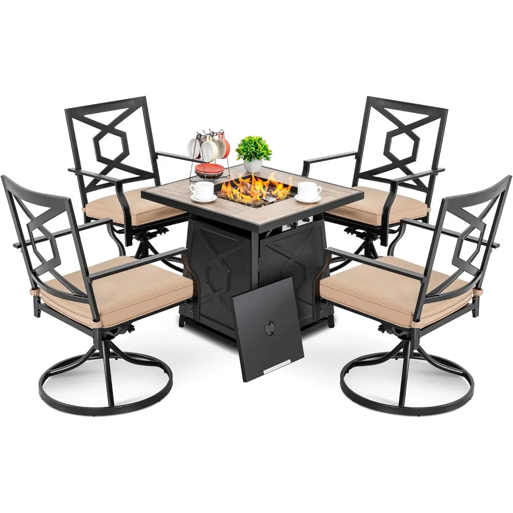 5 Piece Patio Set with 28 Inch 50000 BTU Propane Fire Pit Table with Cover and 4 Swivel Dining Chairs with Cushions Black Beige