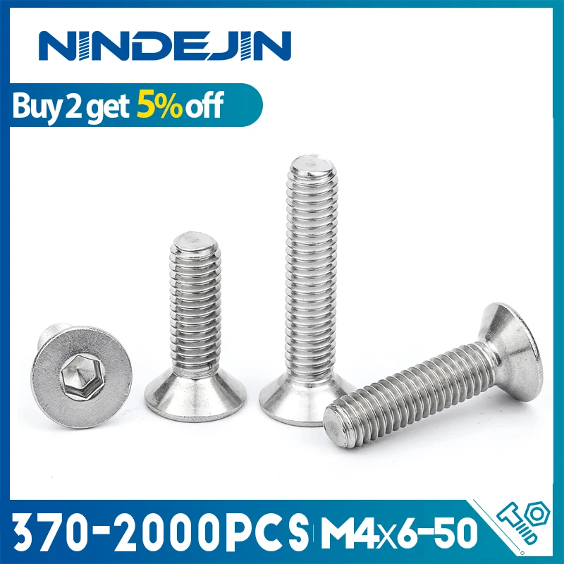 NINDEJIN 370-2000pcs M4 Hexagon Hex Socket Flat Head Countersunk Screws Allen Bolts Wholesale Stainless Steel