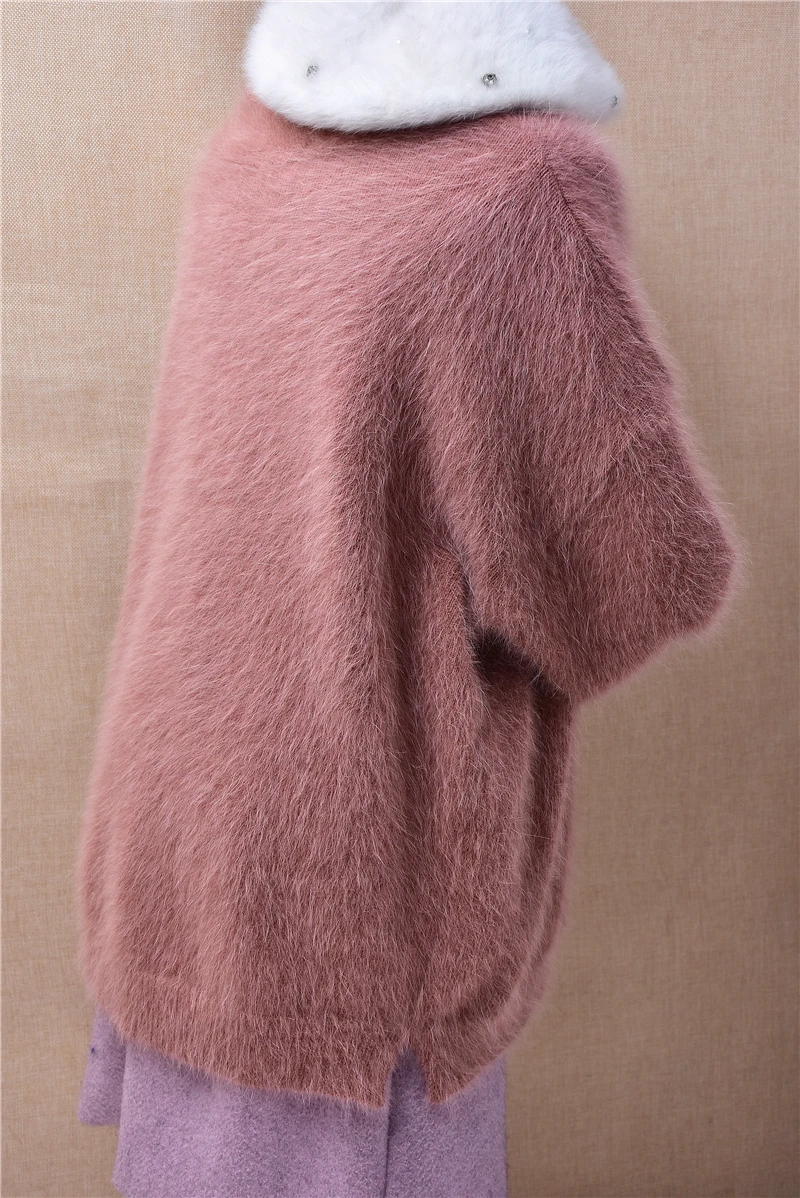 Ladies Women Fall Winter Clothing Hairy Plush Mink Cashmere Knitted V-Neck Long Sleeves Loose Pullover Sweater Jumper Pull Tops