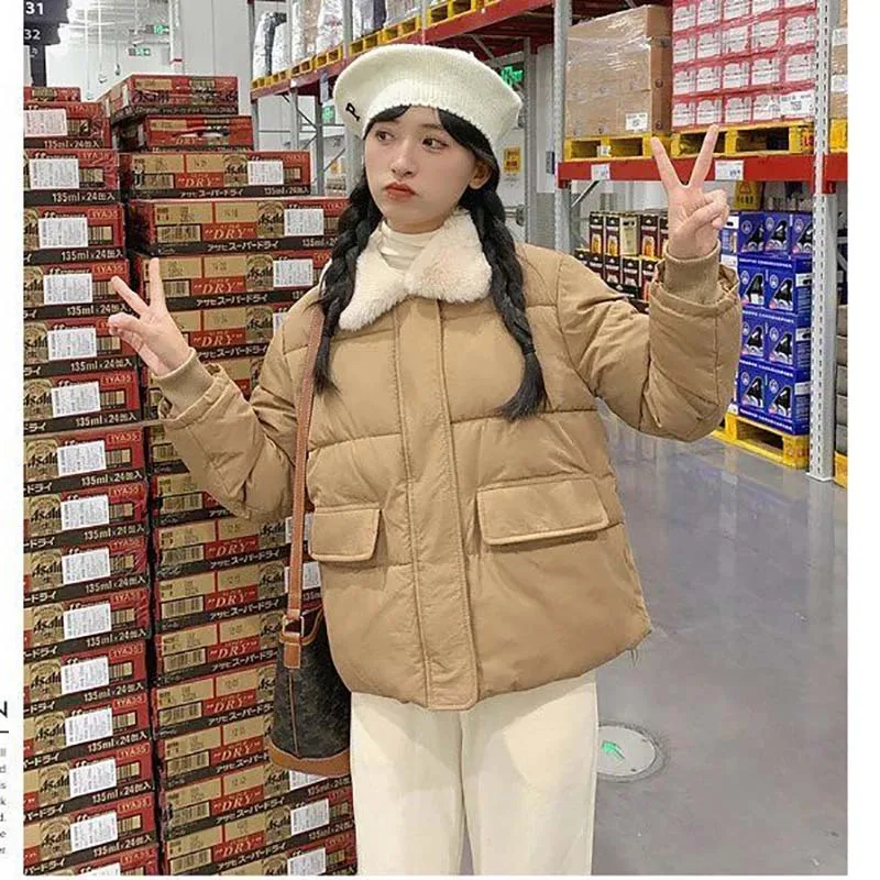 2026 Korean Fashion Stand Collar Parkas Jacket Women Long Sleeve Coat Winter New Thicken Warm Outerwear Casual Jackets