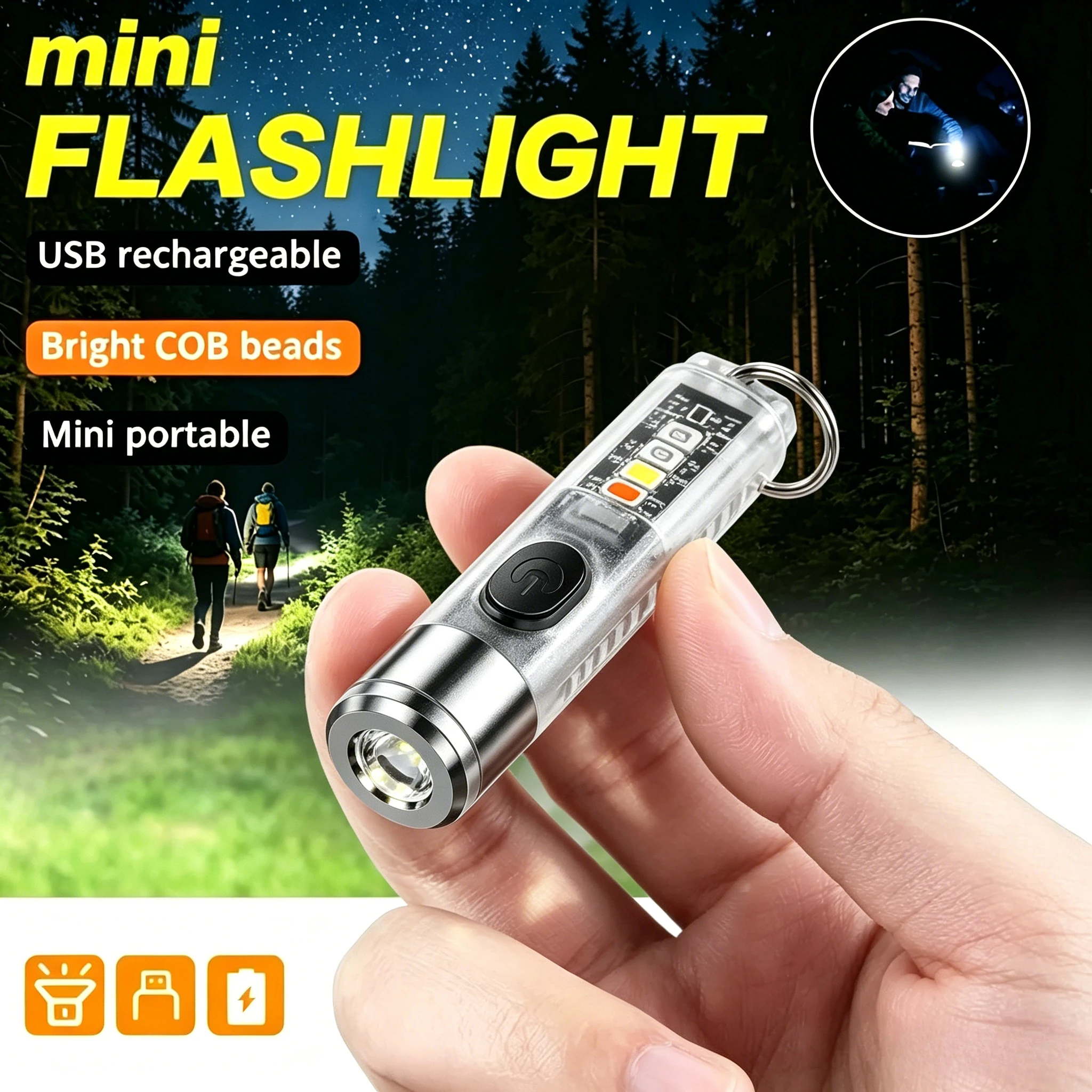 Mini Keychain Flashlight USB Rechargeable Powerful Flashlight Outdoor Camping COB Emergency Red and Blue Torch Tail Magnet Light