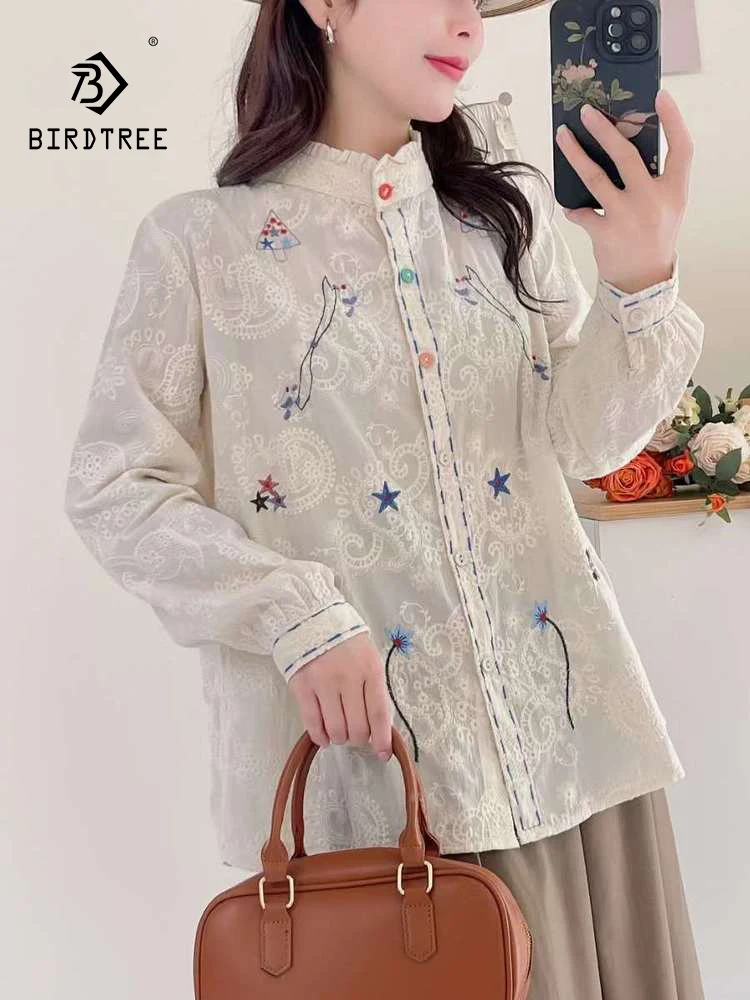 

New Summer Cotton Long Sleeve Shirt, Women Stand Embroidery Ruffles Tops, Mori Girl Casual Loose Sweet Blouse, Autumn T48303QC