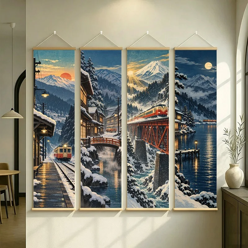 Japanese Winter Wall Art with Snowy Village, Mountain Peaks and Moon on Silver Shimmer Canvas for a Cozy Living Room
