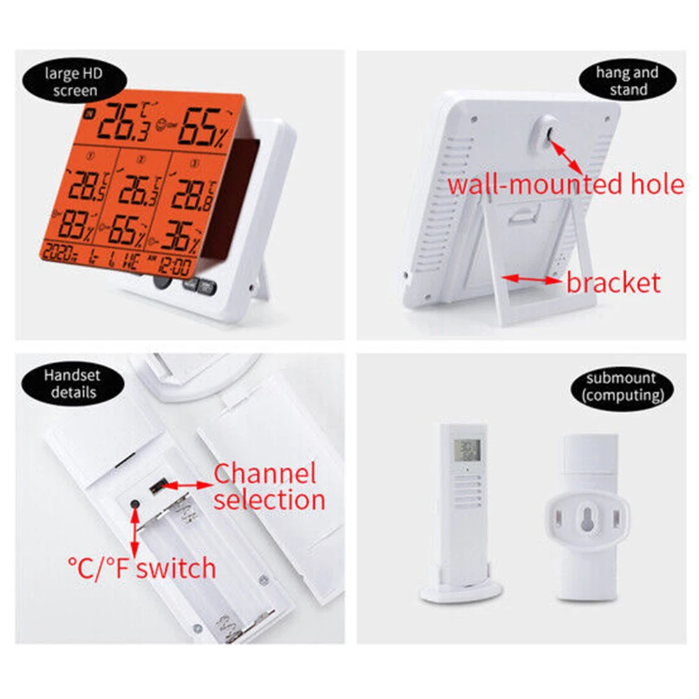 Wireless Weather Station Digital Indoor Outdoor Temperature And Humidity Sensor With 3pcs Remote Sensors Battery And USB Powered