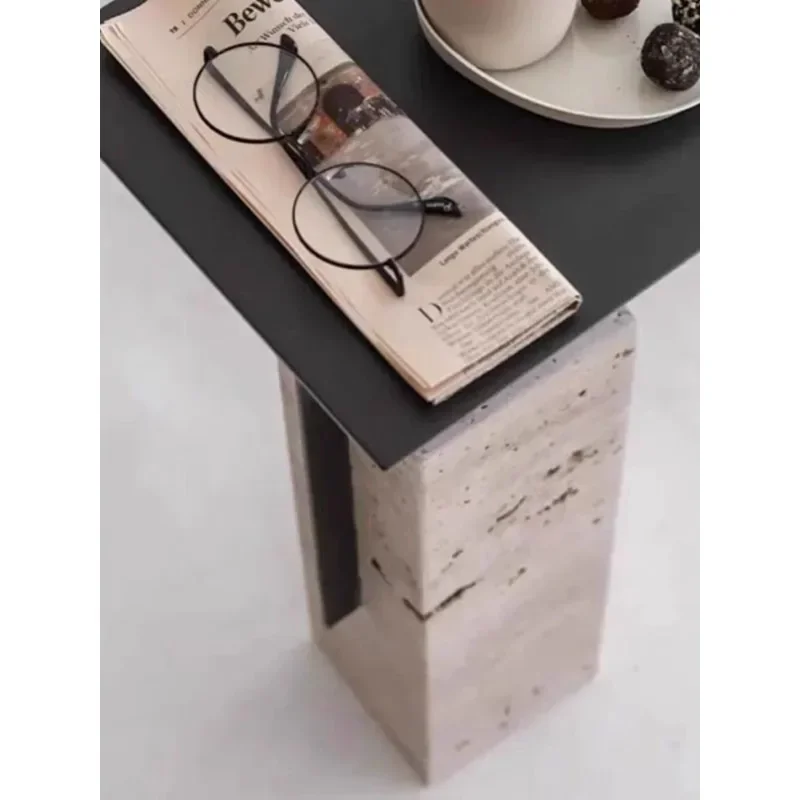 【Natural】French Wabi-Sabi Natural Beige Travertine Side Table, Designer Mini Coffee Table for Living Room, Sofa & Bedroom