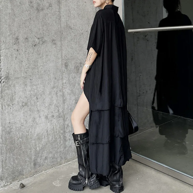 HKSH Spring Summer New Women Dress Irregular Hem Short Sleeves Single Breasted Casual Dark Elegant Ins Oversized Dresses HK16641