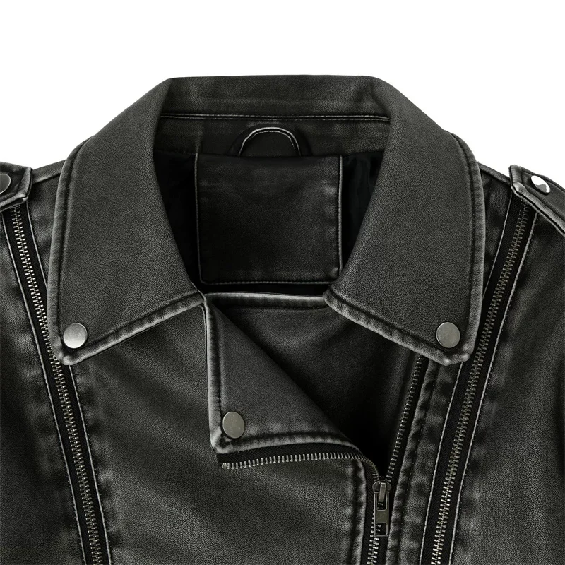 

2025 Streetwear Super-short Women's Leather Jacket High-waist Coat Vintage Do-old Washed Zip-up PU Loose Outerwear Spring Autumn