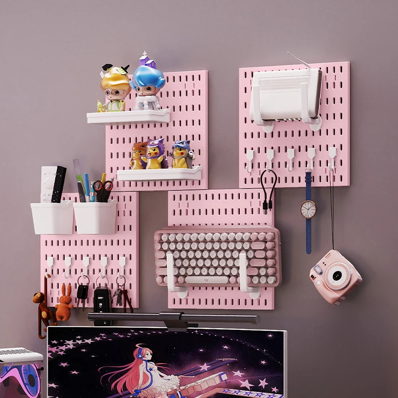 Pink Wall Mount Pegboard Display Organizer Combinable No Drill Board for Gaming Room Headphone Small Gadgets Storage