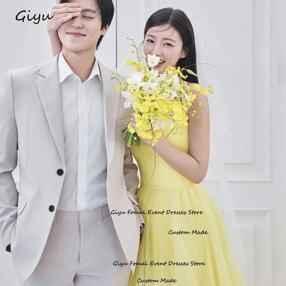 Giyu Fairy Yellow Korea Wedding Dress Photoshoot Strapless A-line Floor-Length Evening Gown Dress Summer Dress