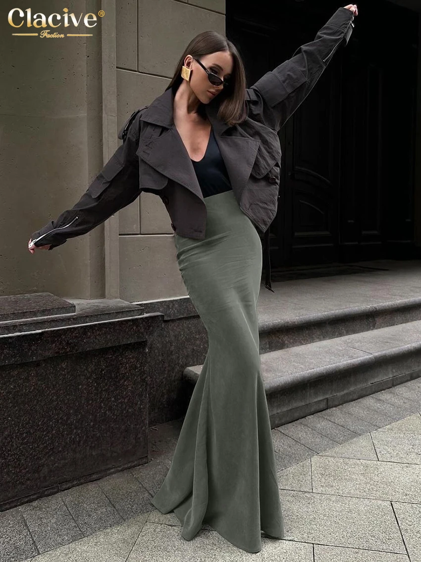 Clacive Fashion Slim Green Women's Skirt 2025 Bodycon High Waist Maxi Skirts Elegant Simple Solid Faldas Skirt Female Clothing