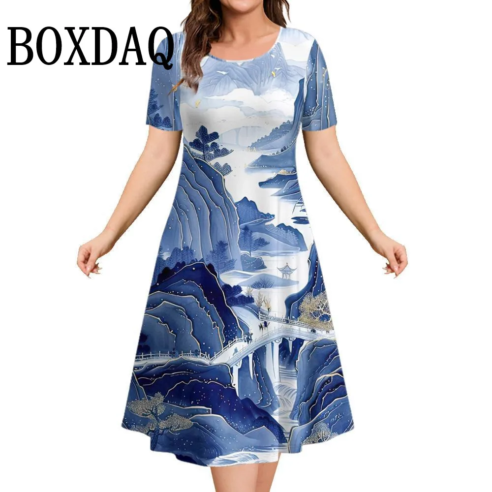 Robe trapèze imprimée paysage de marbre 3D pour femmes, manches courtes, robes de soirée élégantes, col rond, décontracté, peinture, été