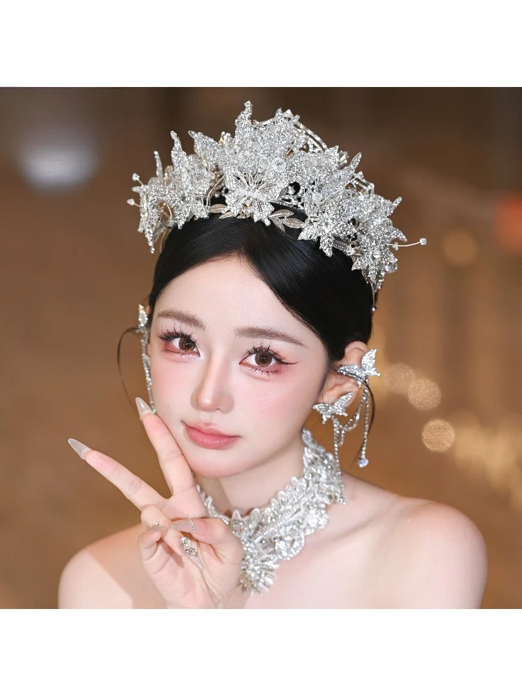 Luxury double-layer bridal crown butterfly crown headdress hair accessories European, American and Korean flash diamond princess
