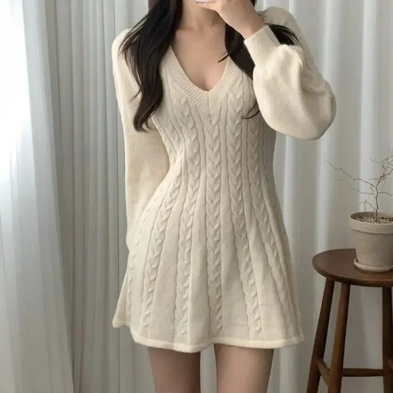 

HOUZHOU Knitted Sweater Dress for Women Korean Style Casual Lantern Sleeve V-Neck Knit Short Dresses Female Elegant Chic Lady