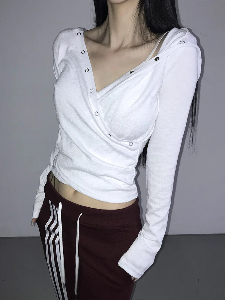 Sommer Damen Y2K Streetwear Lässiger Einfarbiger Druckknopf-Wickel-Hoodie mit V-Ausschnitt, Langen Ärmeln und Schlanker Passform – Detail 7