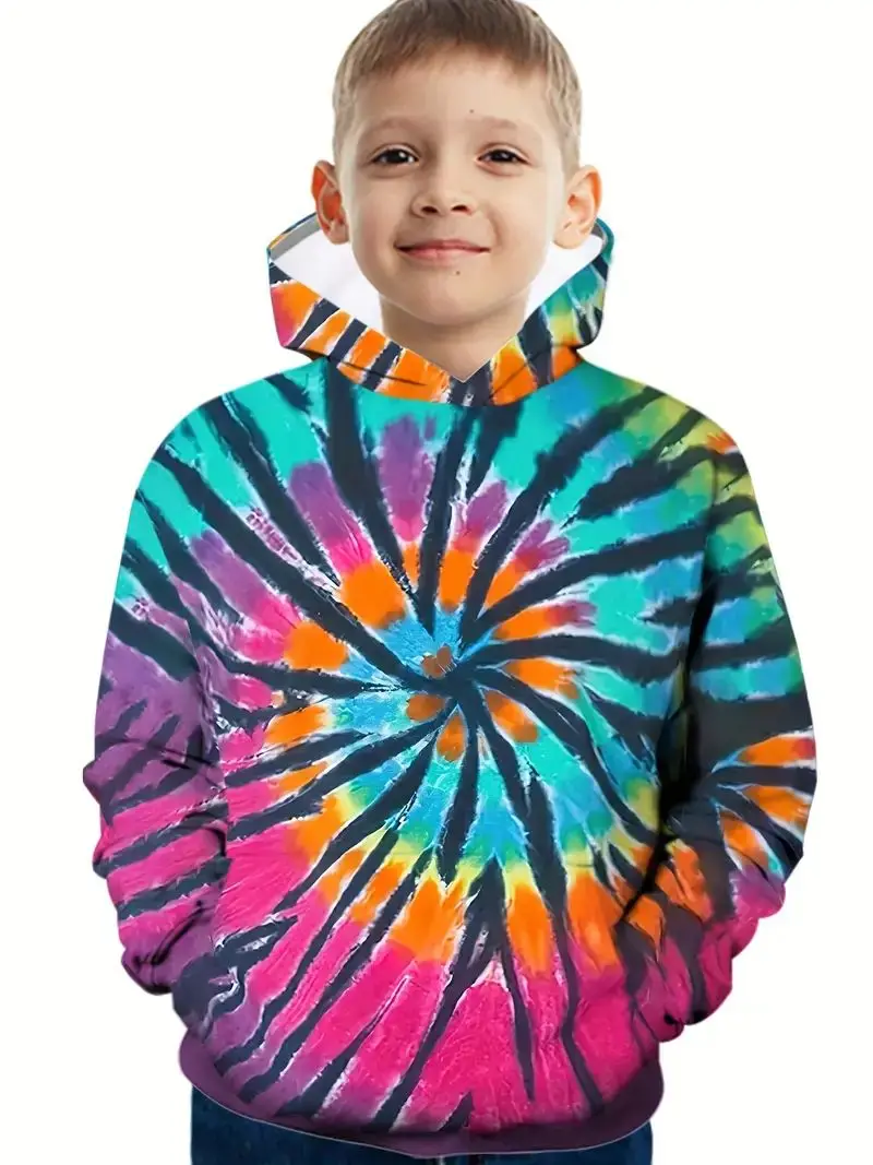 

2024 Irregular Graphic Gradient Print Childrens Pullover Personalized Niche Street Hooded Sweatshirt Suitable for Boys and Girls