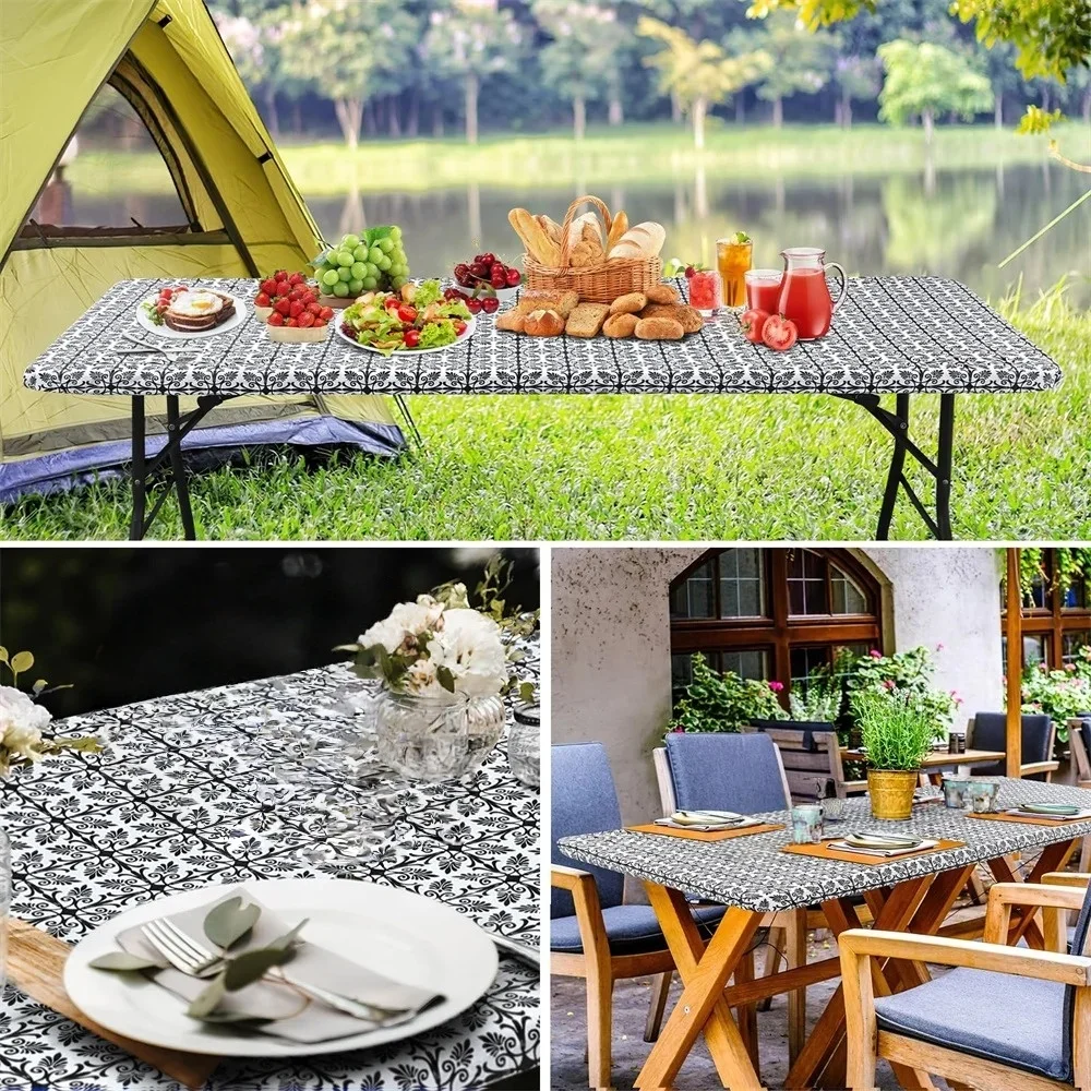 1pc Rectangle Table Cloth Elastic Fitted Tablecloth Plastic Table Covers Fold Tables Picnic Camping Outdoor