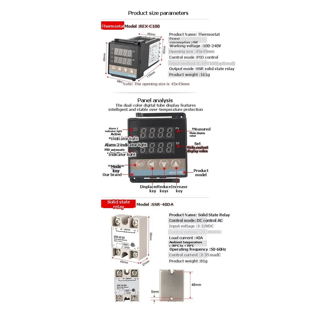 a91p-c100-デジタル-pid-サーモスタット温度コントローラー、ヒートシンク付き-c100-40da-ssr-リレー-k-サーモカップルプローブ