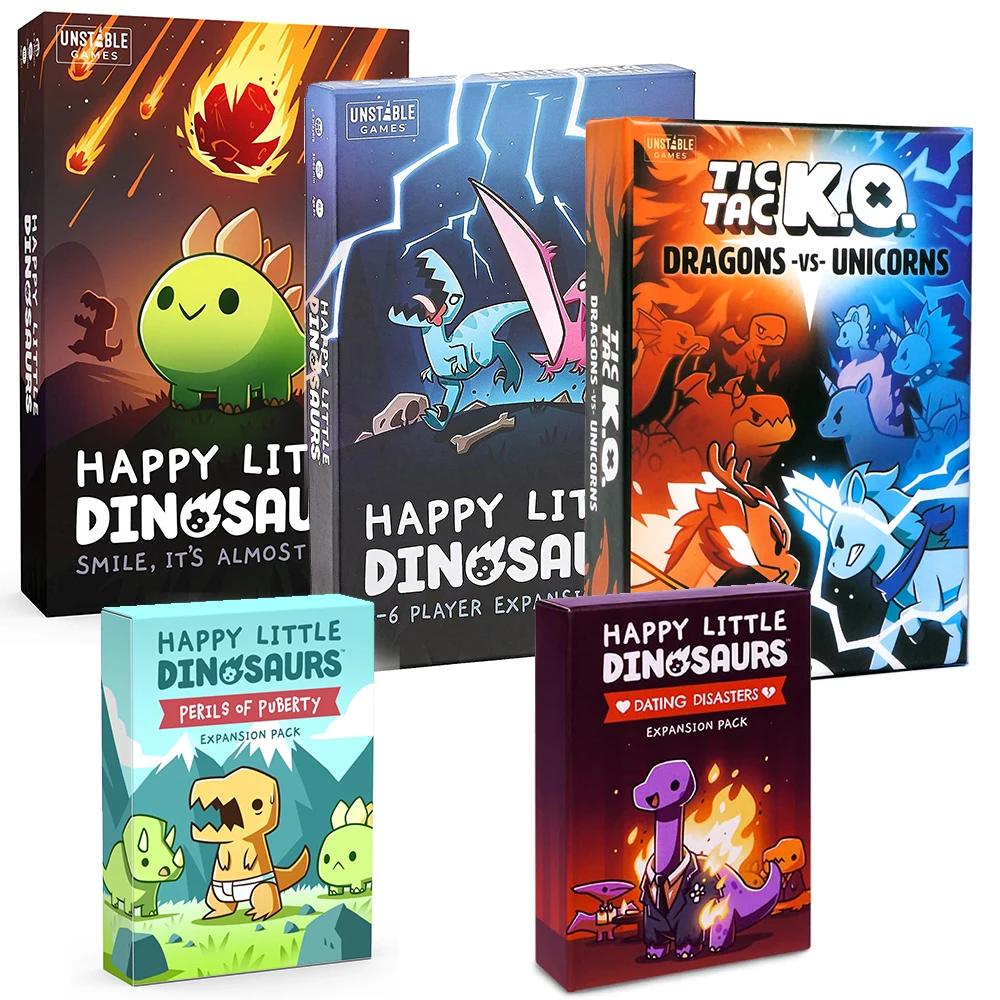 Juegos inestables Happy Little Dinosaurs Base Game, juego de cartas divertido de sabotaje competitivo, expansión de 5-6 jugadores, Tic Tac K.O.: