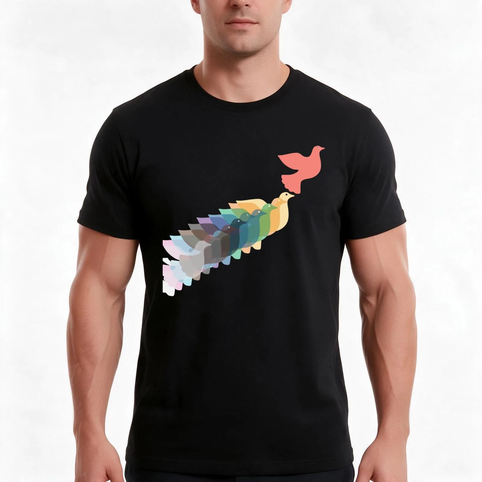 Rainbow Peace Doves T-Shirt, Summer Casual Cotton Tee, Oversized Streetwear Tops, Vintage Graphic Print, Loose Fit Short Sleeve