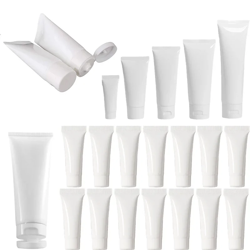 

100pcs 10ml-100ml Empty White Plastic Cosmetic Soft Tubes with Flip/Screw Cap Refillable Storage Containers Travel Sample Bottle